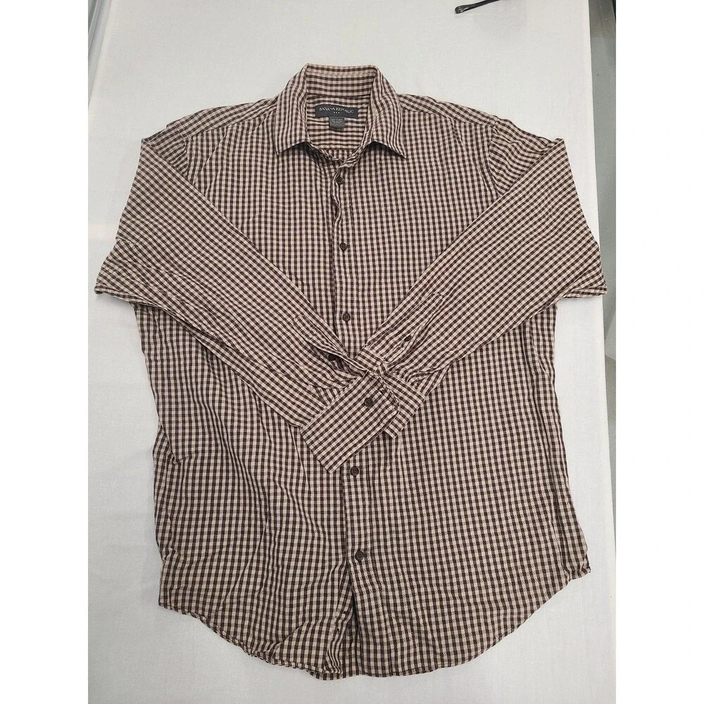 Banana Republic Mens Size L Brown Check Button Down Shirt Long Sleeve